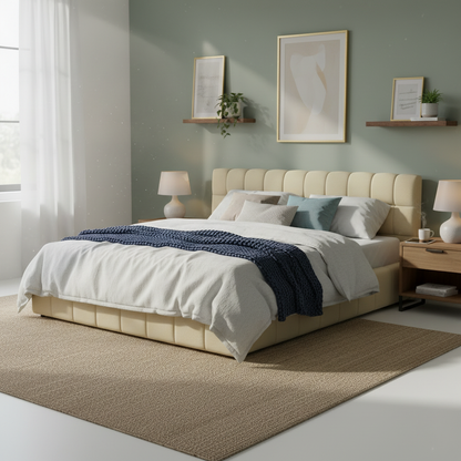 Katence Elegant Linen Platform Bed with Upholstered Headboard and Solid Frame Stability Beige Fabric 