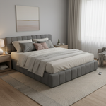 Katence Elegant Linen Platform Bed with Upholstered Headboard and Solid Frame Stability Beige Fabric 