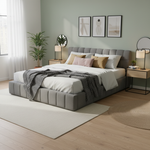 Katence Elegant Linen Platform Bed with Upholstered Headboard and Solid Frame Stability Beige Fabric 
