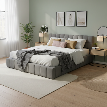 Katence Elegant Linen Platform Bed with Upholstered Headboard and Solid Frame Stability Beige Fabric 
