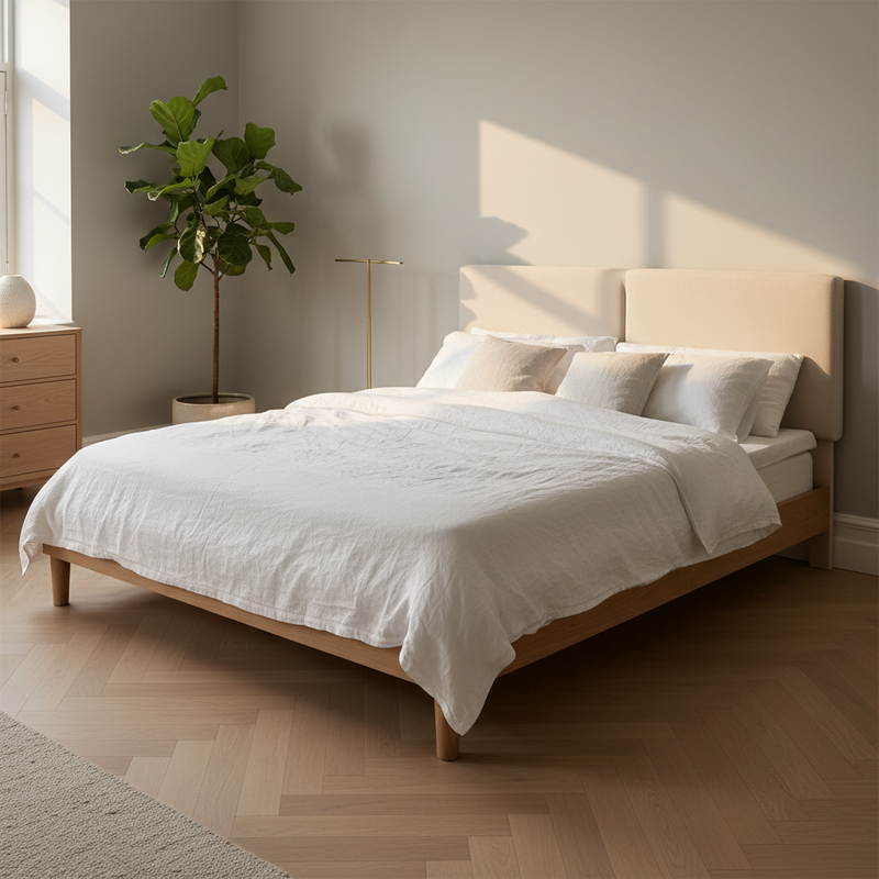 Bennett Bed with Wooden FramePlatform Bed Frame Upholstered Headboard, No Box Spring Needed, Wooden Slat Support Beige Fabric 