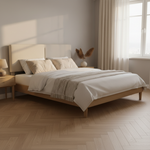 Bennett Bed with Wooden FramePlatform Bed Frame Upholstered Headboard, No Box Spring Needed, Wooden Slat Support Beige Fabric 