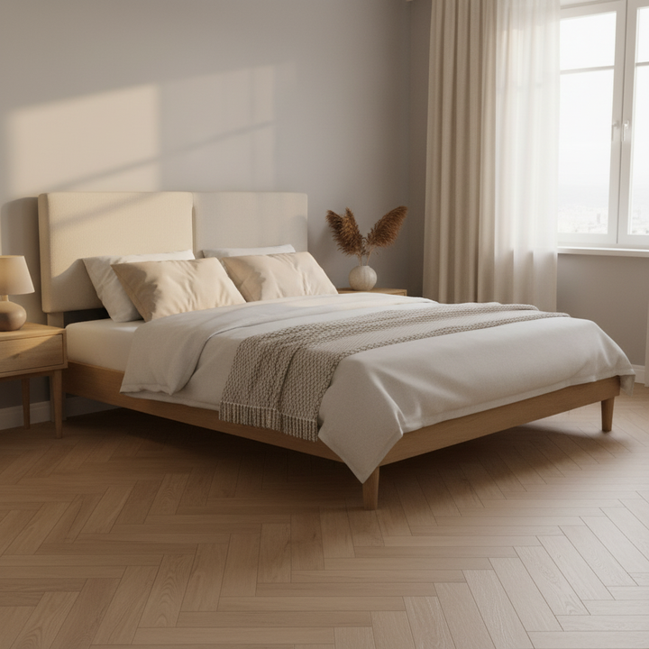 Translation missing: en.Bennett Bed with Wooden FramePlatform Bed Frame Upholstered Headboard, No Box Spring Needed, Wooden Slat Support Beige Fabric 