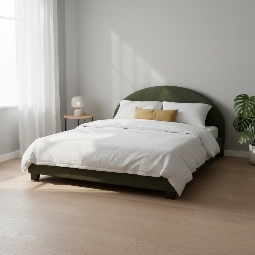 Upholstered Bed Frame, Green Fabric with Wooden Construction, Arched Headboard Platform Bed