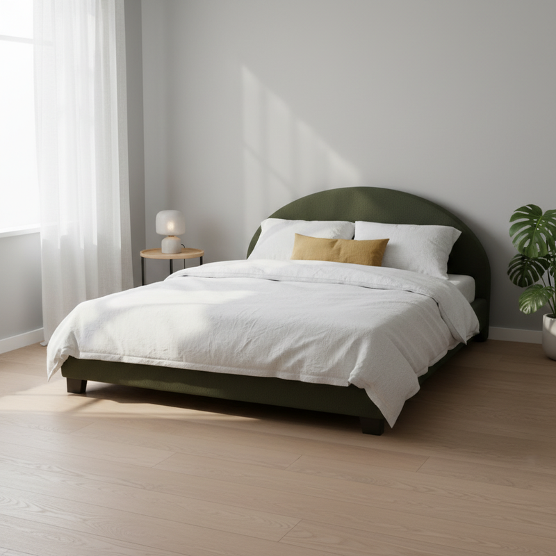 Upholstered Bed Frame, Green Fabric with Wooden Construction, Arched Headboard Platform Bed 