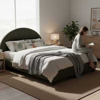 Upholstered Bed Frame, Green Fabric with Wooden Construction, Arched Headboard Platform Bed