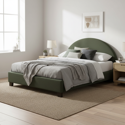 Upholstered Bed Frame, Green Fabric with Wooden Construction, Arched Headboard Platform Bed