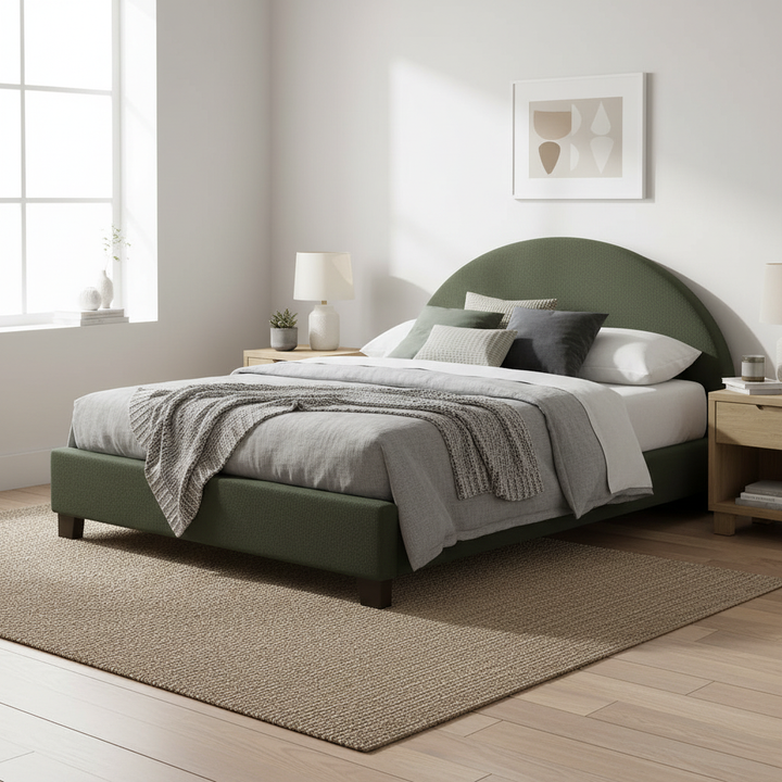Translation missing: en.Upholstered Bed Frame, Green Fabric with Wooden Construction, Arched Headboard Platform Bed 