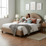 Upholstered Bed Frame, Green Fabric with Wooden Construction, Arched Headboard Platform Bed 