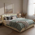 Katence Elegant Linen Platform Bed with Upholstered Headboard and Solid Frame Stability Beige Fabric 