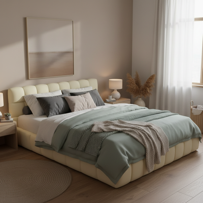 Katence Elegant Linen Platform Bed with Upholstered Headboard and Solid Frame Stability Beige Fabric