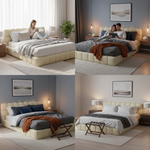 Katence Elegant Linen Platform Bed with Upholstered Headboard and Solid Frame Stability Beige Fabric 