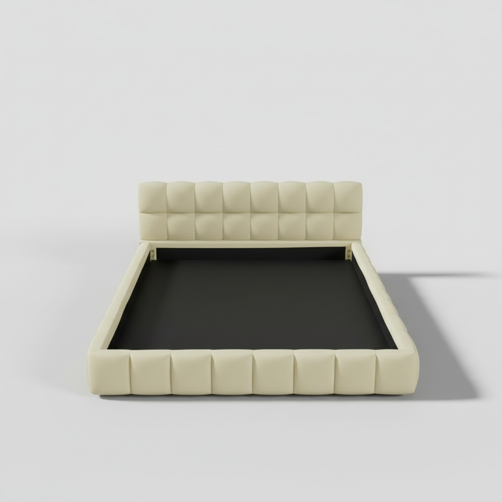 Katence Elegant Linen Platform Bed with Upholstered Headboard and Solid Frame Stability Beige Fabric 