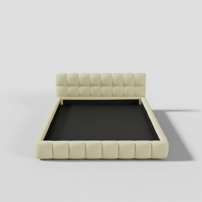 Katence Elegant Linen Platform Bed with Upholstered Headboard and Solid Frame Stability Beige Fabric