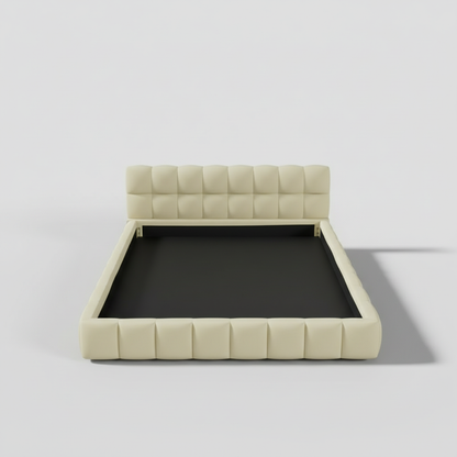 Katence Elegant Linen Platform Bed with Upholstered Headboard and Solid Frame Stability Beige Fabric 