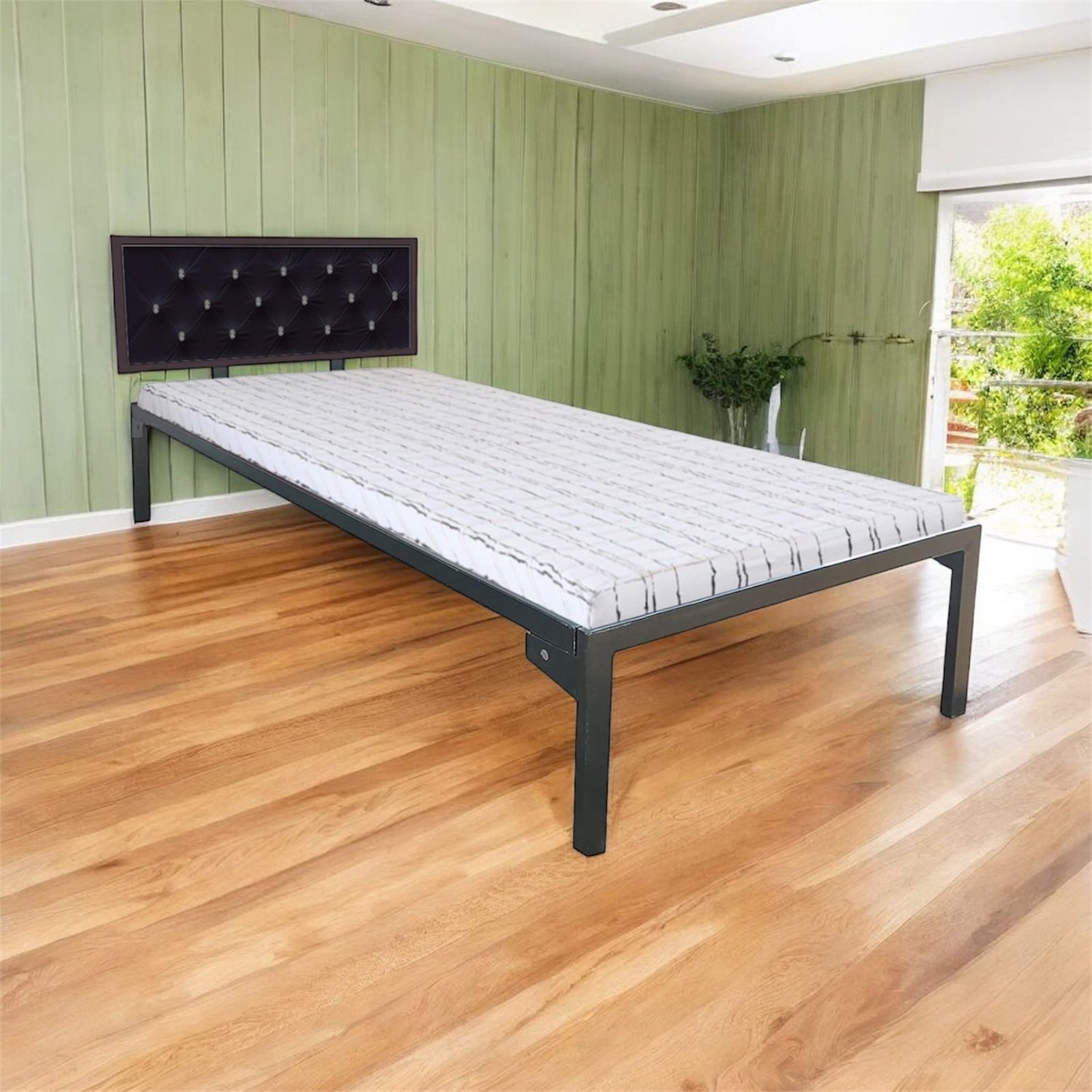 Single Size Bed with Upholstered Headboard | CR Steel Frame | Modern Platform Bed | Sturdy, Durable & Noise-Free | No Box Spring Needed | Stylish Furniture Aprodz