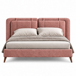 Dusty Rose Pink Upholstered Platform Bed with Panel Headboard & Wooden Legs – Textured Fabric Bed Frame 