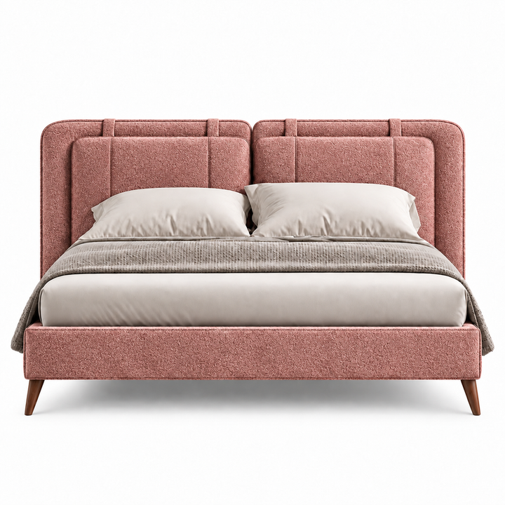 Translation missing: en.Dusty Rose Pink Upholstered Platform Bed with Panel Headboard &amp; Wooden Legs – Textured Fabric Bed Frame 