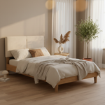 Bennett Bed with Wooden FramePlatform Bed Frame Upholstered Headboard, No Box Spring Needed, Wooden Slat Support Beige Fabric 