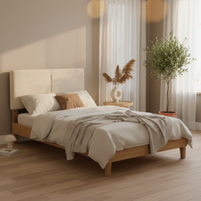 Bennett Bed with Wooden FramePlatform Bed Frame Upholstered Headboard, No Box Spring Needed, Wooden Slat Support Beige Fabric 