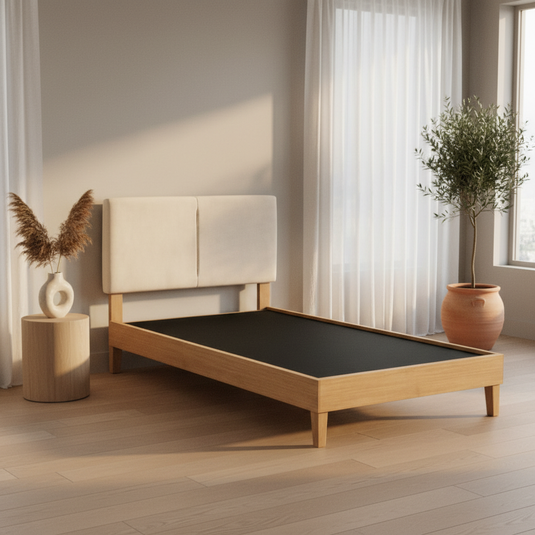 Translation missing: en.Bennett Bed with Wooden FramePlatform Bed Frame Upholstered Headboard, No Box Spring Needed, Wooden Slat Support Beige Fabric 