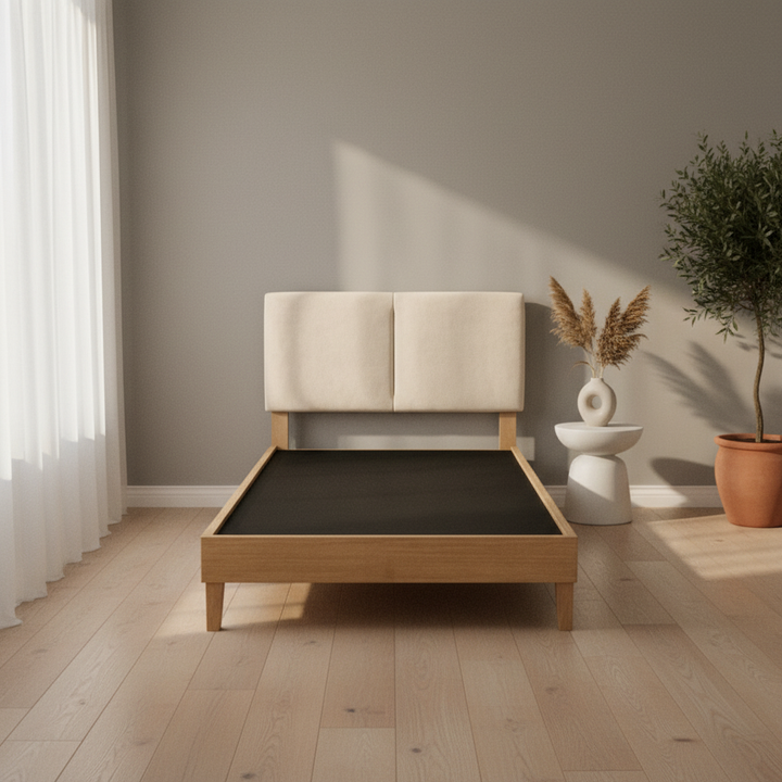 Translation missing: en.Bennett Bed with Wooden FramePlatform Bed Frame Upholstered Headboard, No Box Spring Needed, Wooden Slat Support Beige Fabric 