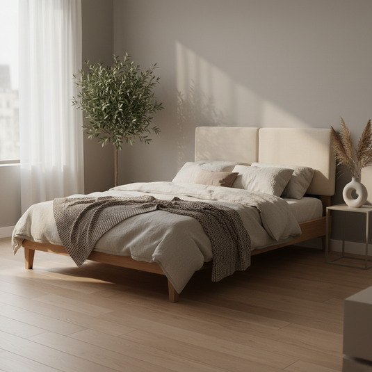 Translation missing: en.Bennett Bed with Wooden FramePlatform Bed Frame Upholstered Headboard, No Box Spring Needed, Wooden Slat Support Beige Fabric 