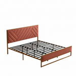 Upholstered Platform Bed with Velvet Tufted Headboard Beige Fabric + Gold Powdercaoted 