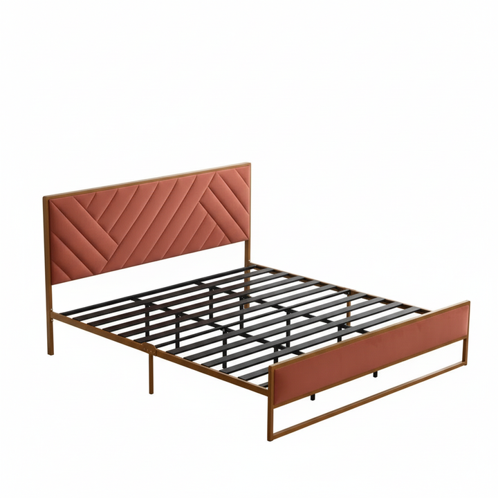 Translation missing: en.Upholstered Platform Bed with Velvet Tufted Headboard Beige Fabric + Gold Powdercaoted 