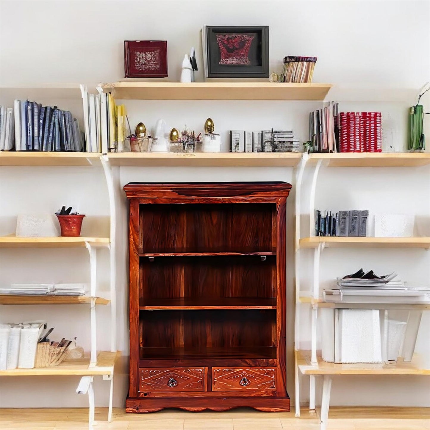 Bookshelf | Sheesham Wood Wooden Storage Organizer | Shelves Bookcase Rustic Durable, Stylish & Compact Design for Home, Office, Living Room | Furniture Organizer Elegant Finish (Honey Oak)
