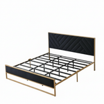 Upholstered Platform Bed with Velvet Tufted Headboard Beige Fabric + Gold Powdercaoted 