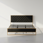 Upholstered Platform Bed with Velvet Tufted Headboard Beige Fabric + Gold Powdercaoted 