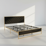 Upholstered Platform Bed with Velvet Tufted Headboard Beige Fabric + Gold Powdercaoted 