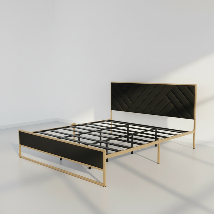 Translation missing: en.Upholstered Platform Bed with Velvet Tufted Headboard Beige Fabric + Gold Powdercaoted 