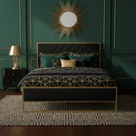 Upholstered Platform Bed with Velvet Tufted Headboard Beige Fabric + Gold Powdercaoted 