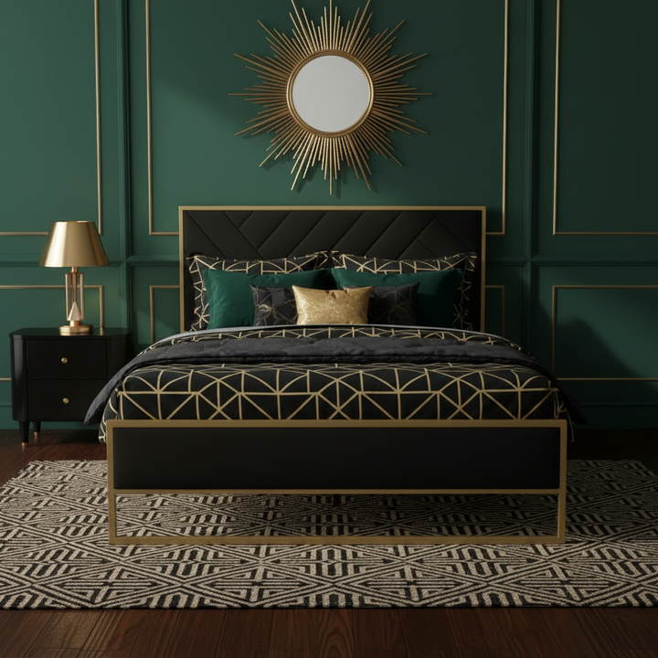 Translation missing: en.Upholstered Platform Bed with Velvet Tufted Headboard Beige Fabric + Gold Powdercaoted 
