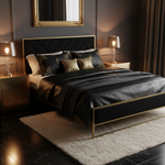 Upholstered Platform Bed with Velvet Tufted Headboard Beige Fabric + Gold Powdercaoted 