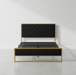 Upholstered Platform Bed with Velvet Tufted Headboard Beige Fabric + Gold Powdercaoted 