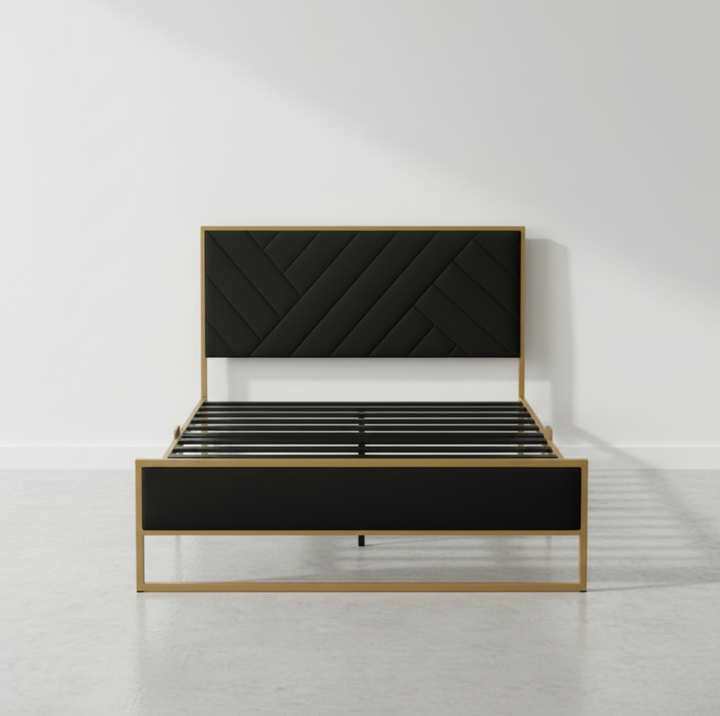Translation missing: en.Upholstered Platform Bed with Velvet Tufted Headboard Beige Fabric + Gold Powdercaoted 