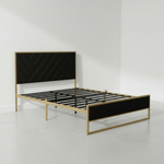 Upholstered Platform Bed with Velvet Tufted Headboard Beige Fabric + Gold Powdercaoted 