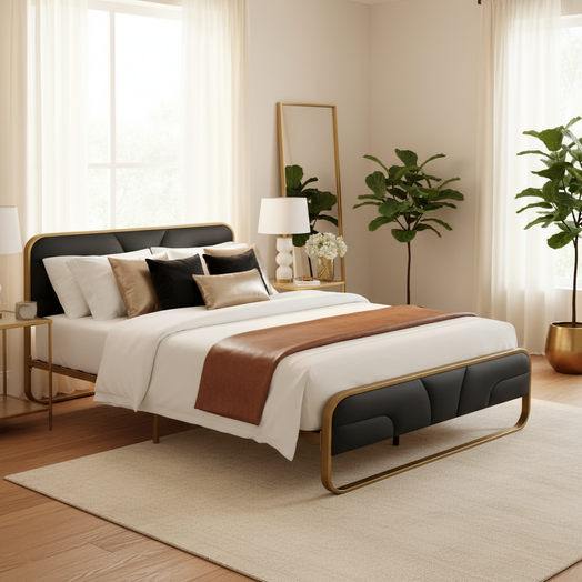 Modern Metal Platform Bed Frame with Upholstered Velvet Tufted Headboard & Heavy-Duty Slat Support - Black 