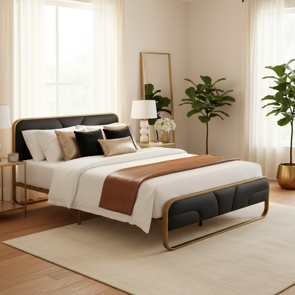 Modern Metal Platform Bed Frame with Upholstered Velvet Tufted Headboard & Heavy-Duty Slat Support - Black 