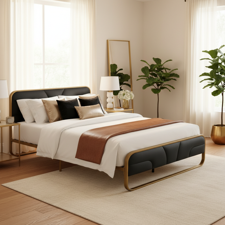 Translation missing: en.Modern Metal Platform Bed Frame with Upholstered Velvet Tufted Headboard &amp; Heavy-Duty Slat Support - Black 