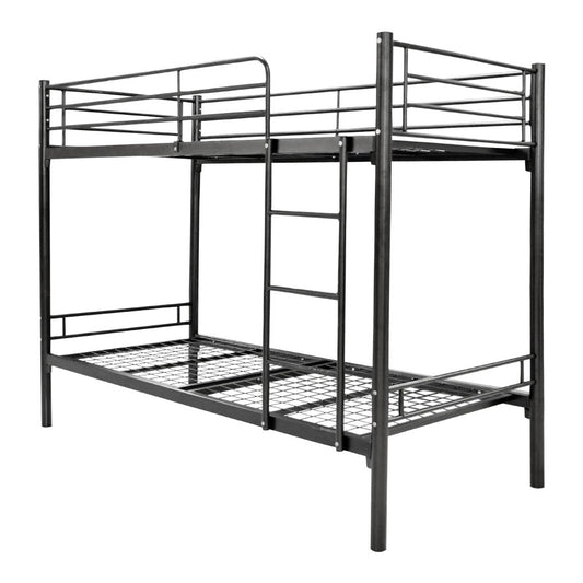 A black powder-coated metal kids' bunk bed without storage, featuring a single bed on the bottom and a bunk bed on top, with a ladder attached to the frame.