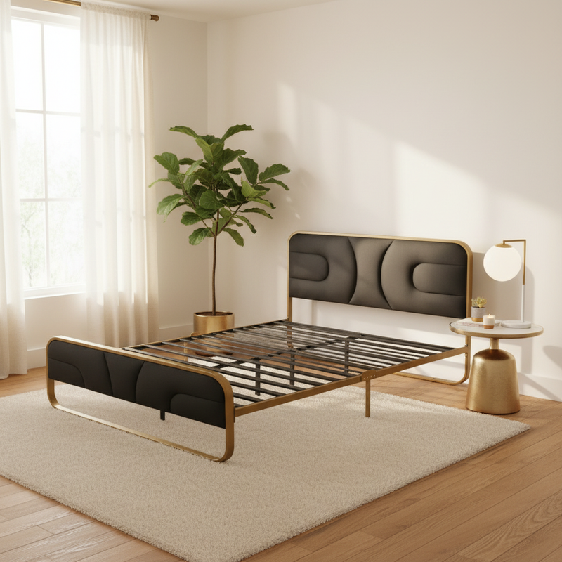 Modern Metal Platform Bed Frame with Upholstered Velvet Tufted Headboard & Heavy-Duty Slat Support - Black 