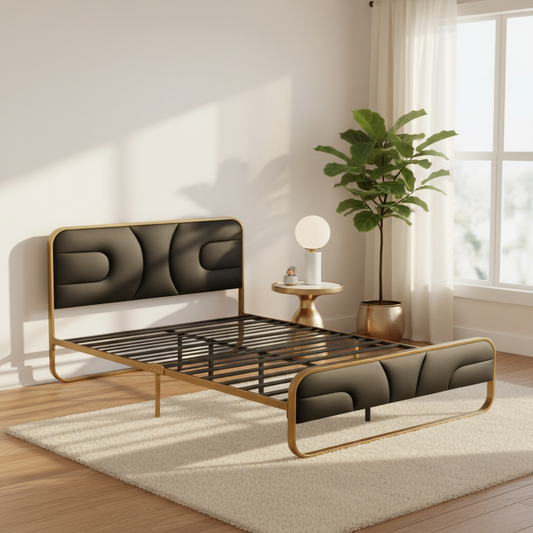 Modern Metal Platform Bed Frame with Upholstered Velvet Tufted Headboard & Heavy-Duty Slat Support - Black 