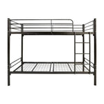 A black powder-coated metal bunk bed with a headboard and footboard, designed for kids. 