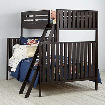 Sheesham wood bunk bed with a lower full bed and an upper twin bed in a brown finish, including a ladder. The mattress is not included.