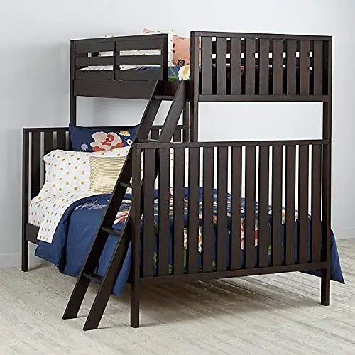 Translation missing: en.Sheesham wood bunk bed with a lower full bed and an upper twin bed in a brown finish, including a ladder. The mattress is not included