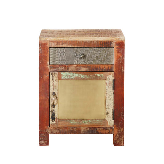 Mango Wood Izola One Door and One Drawer Selves Bedside Storage Table for Bedroom | Mahogany Finish